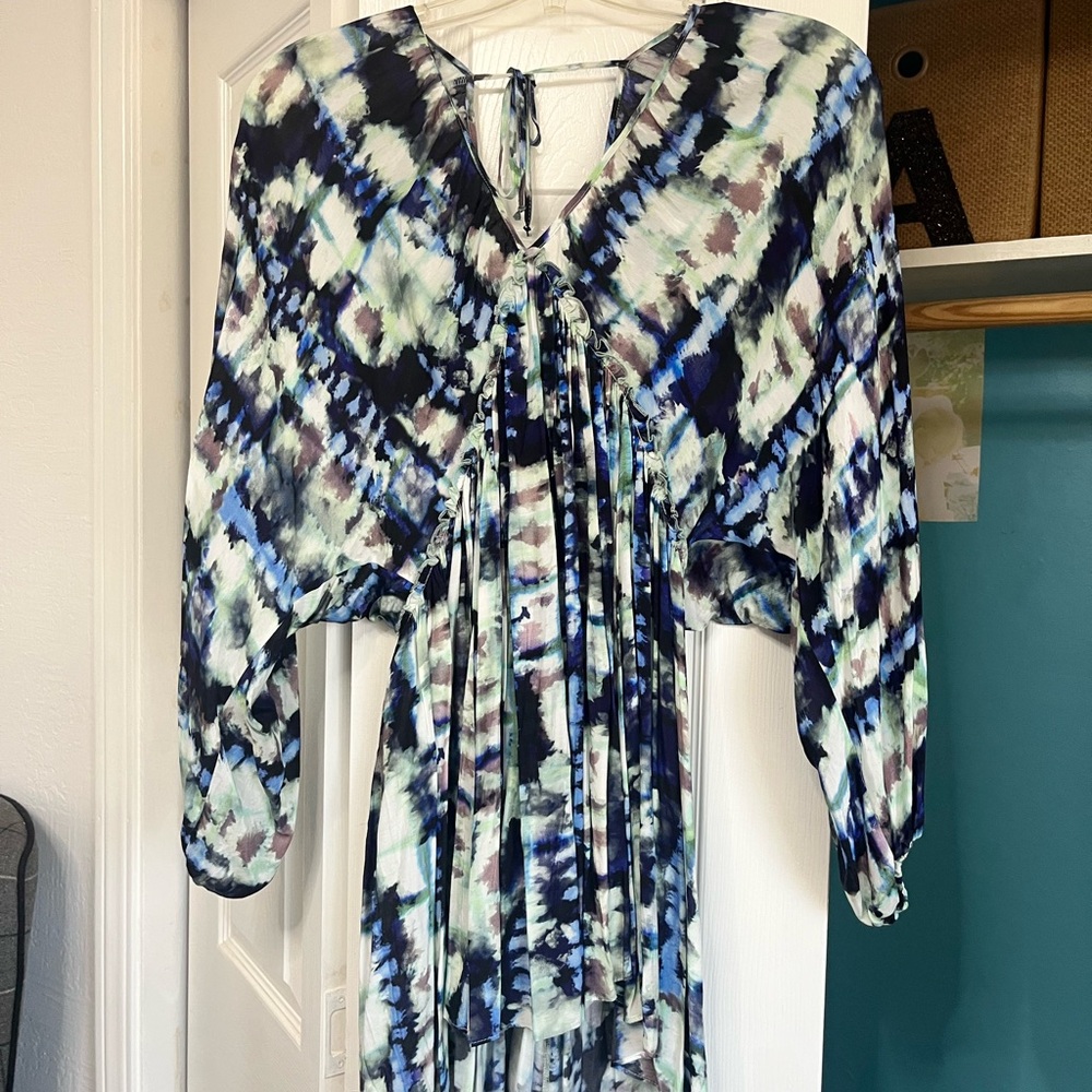Tie-Dye Print V-Neck Long Sleeve Tunic Dress - Blue/Mint/Black